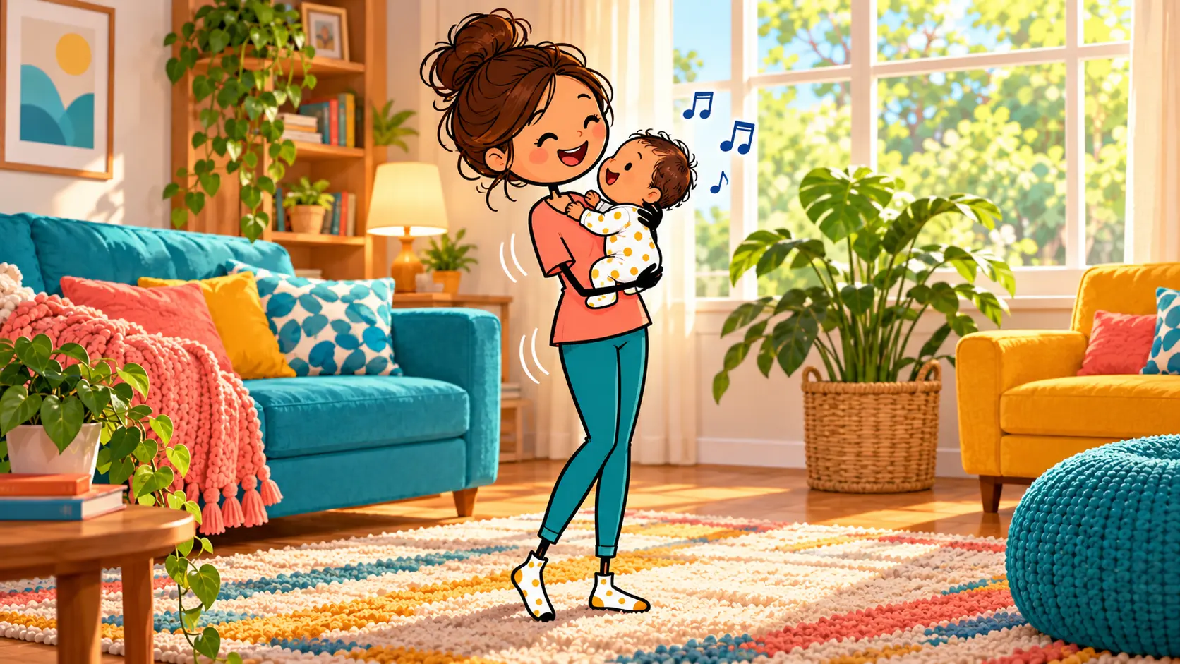 Parent humming and gently rocking a baby held in their arms.