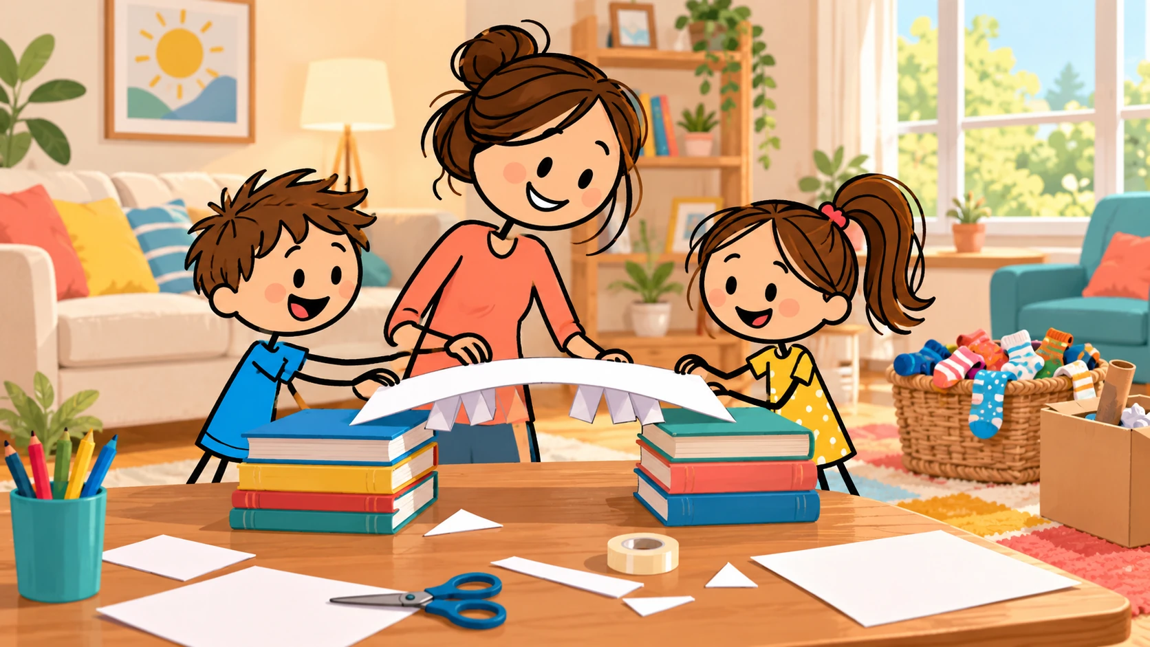 Stick-figure parent and two children building a paper bridge between two stacks of books at a living room table.