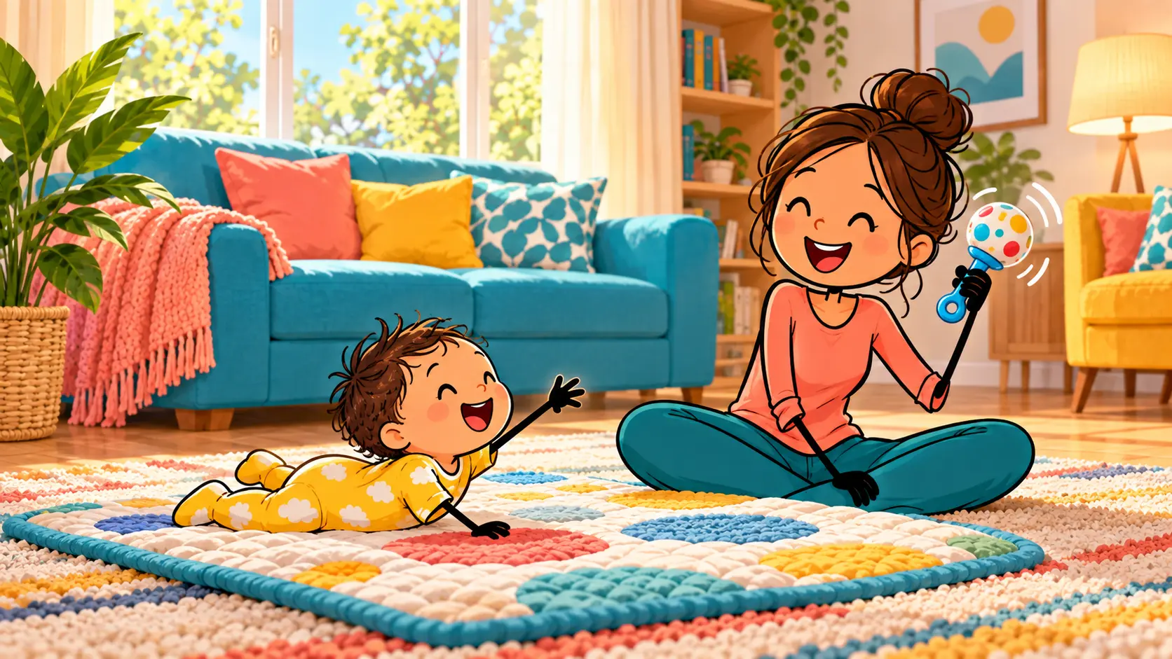 Parent sitting on a play mat gently shaking a rattle for a curious baby.
