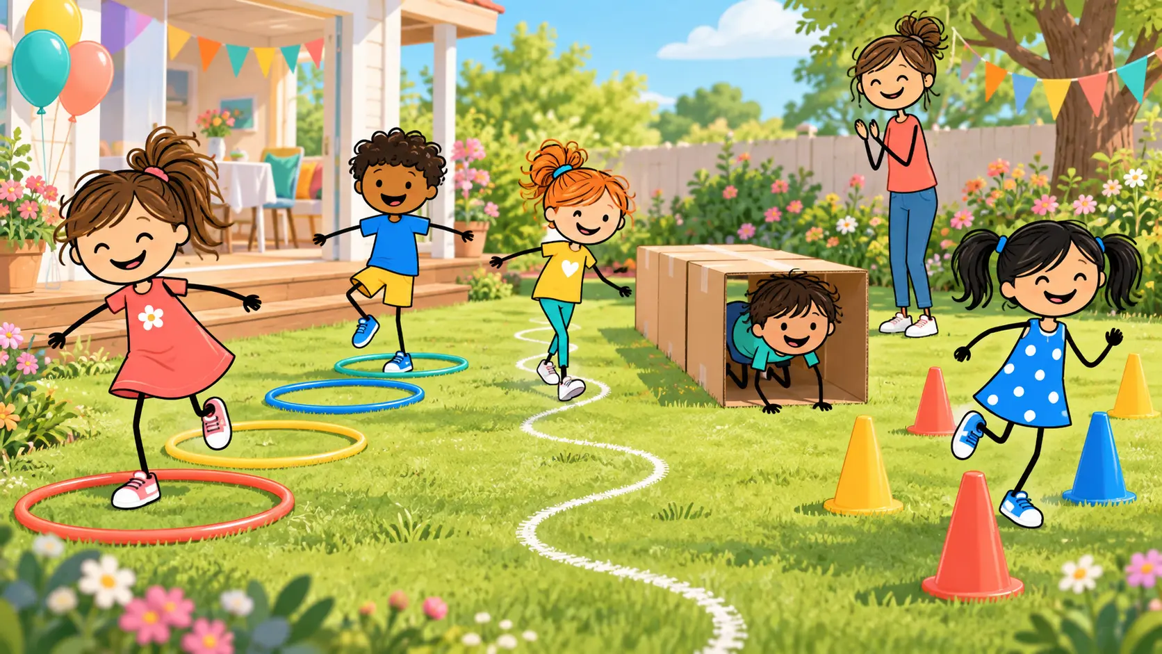 Stick-figure children hopping through hoops, crawling through a cardboard tunnel and running around cones in a backyard.