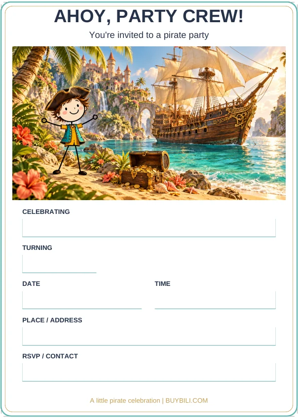 Blank pirate birthday invitation with a stick-figure pirate and a sailing ship.
