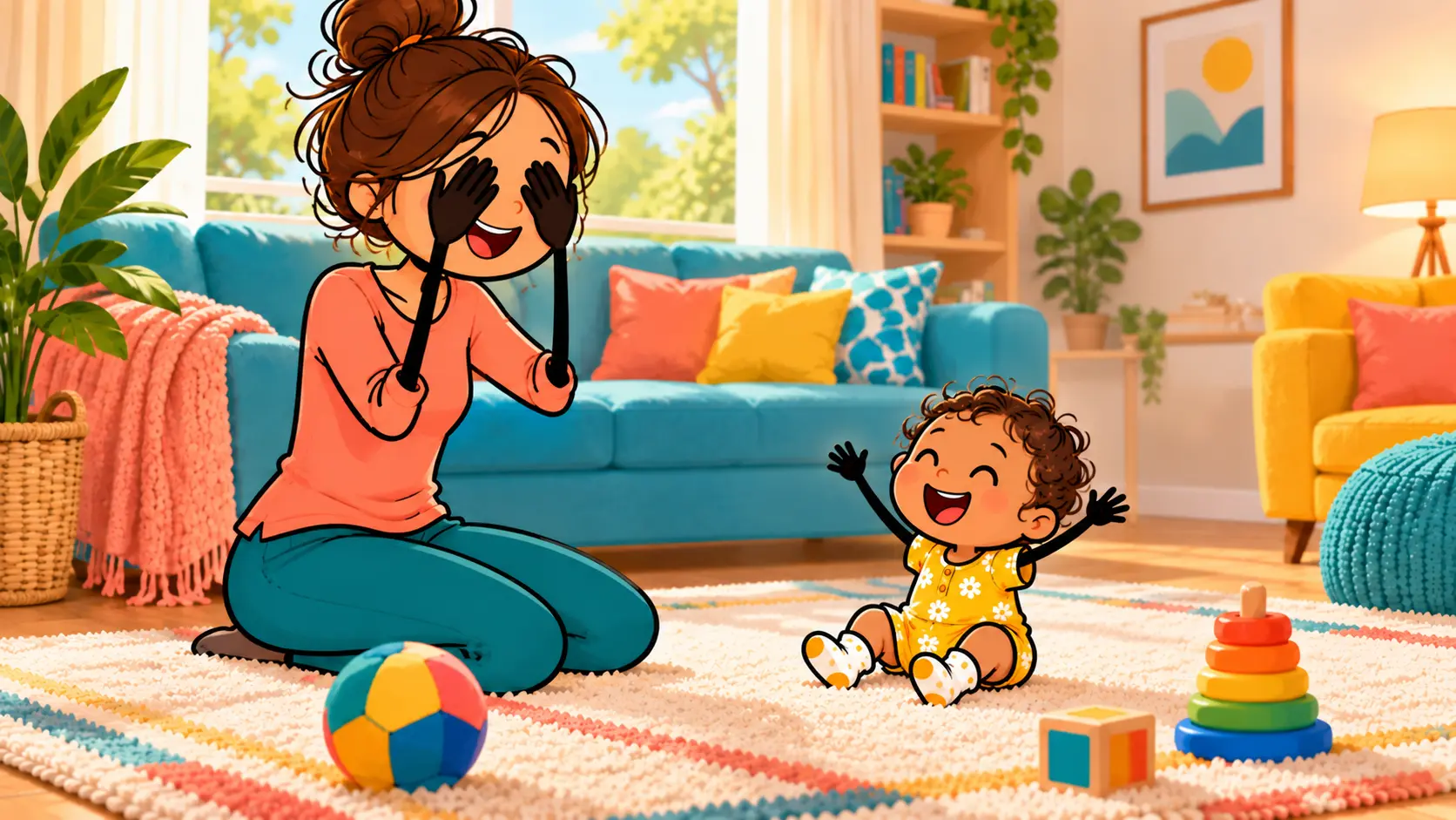 Parent covering their own face for peekaboo while a seated baby laughs.