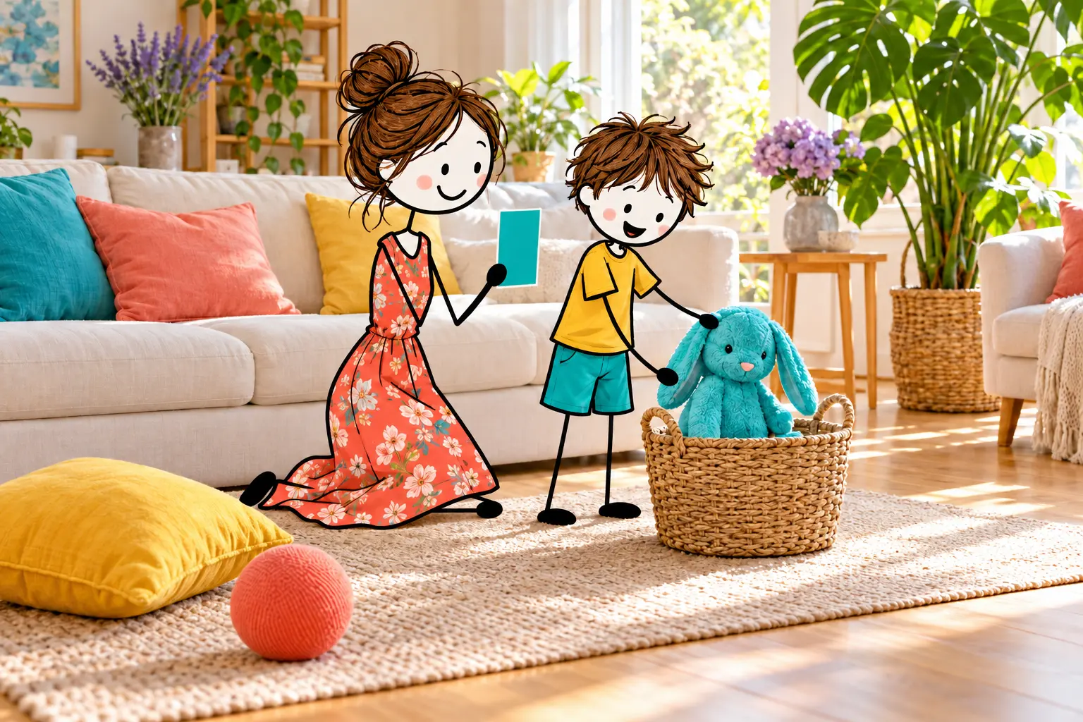Stick-figure mother showing a turquoise color card while her child finds a matching soft toy.