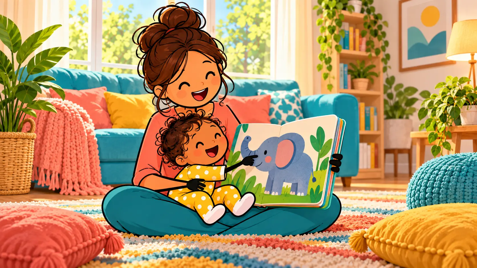 Parent with a baby on their lap pointing to an elephant in a board book.