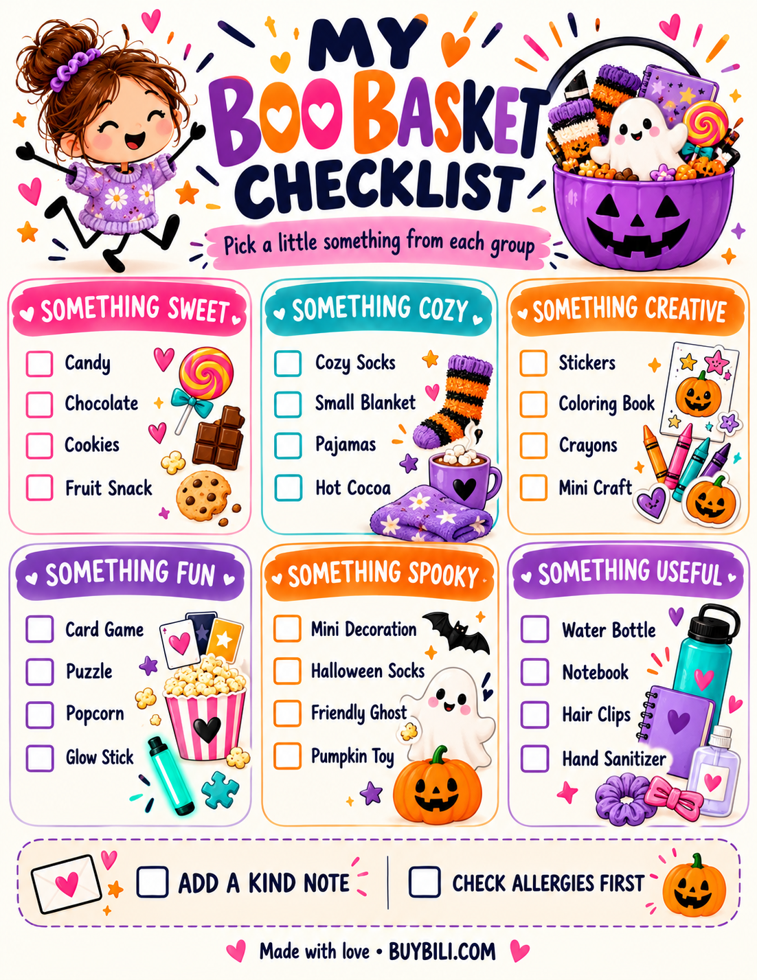 Buybili Boo Basket Checklist with six gift categories and reminders to add a kind note and check allergies.