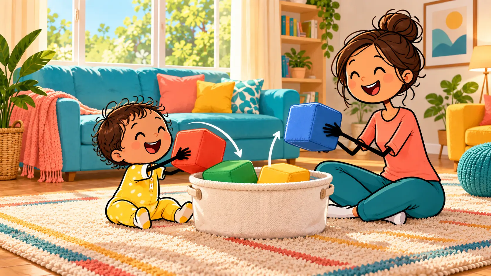 Parent and baby putting large soft blocks into an open box together.