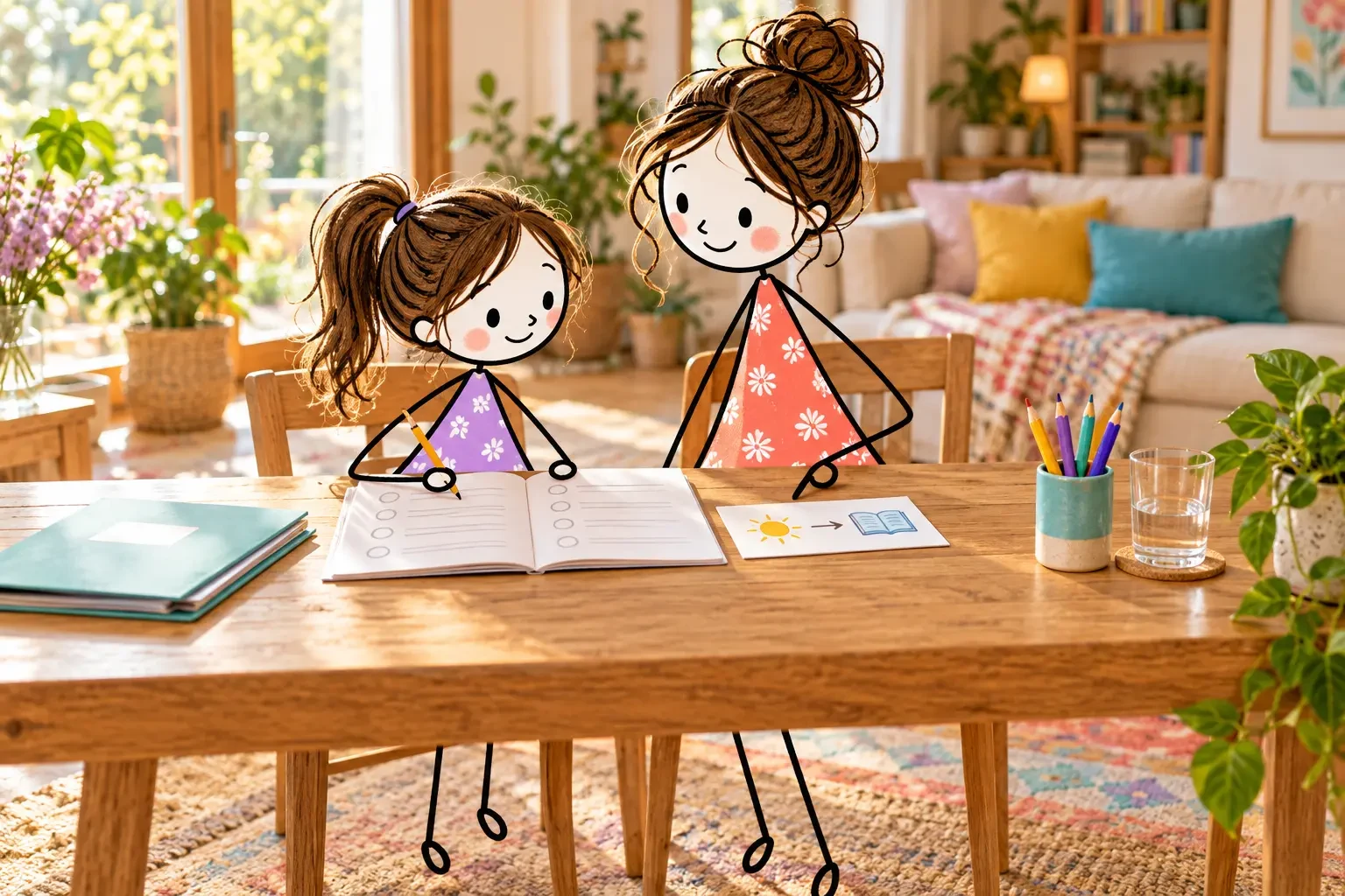 Stick-figure mother and daughter looking at homework and a simple picture card together at a sunny wooden desk.