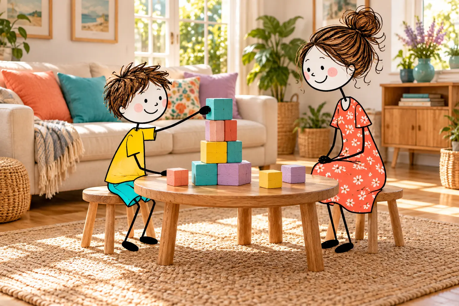 Stick-figure mother and child taking turns building a tower with large colorful wooden blocks.