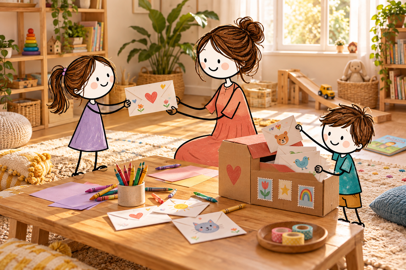 Stick-figure children and a parent making letters and sorting envelopes at a pretend post office in a sunny playroom.