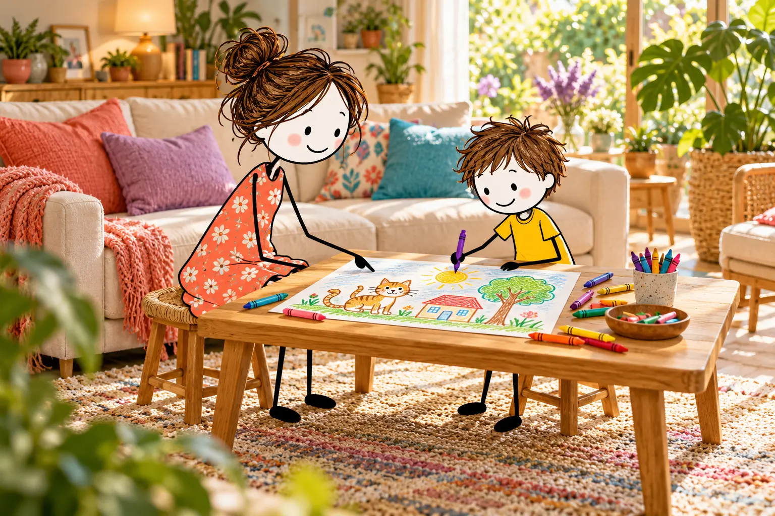 Stick-figure mother and child creating a story together with crayons and a shared drawing.