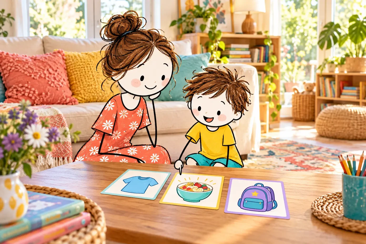 Stick-figure mother and child planning a morning routine with clothing, breakfast and backpack picture cards.
