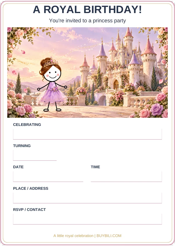 Blank princess birthday invitation with a stick-figure princess in front of a pink castle.