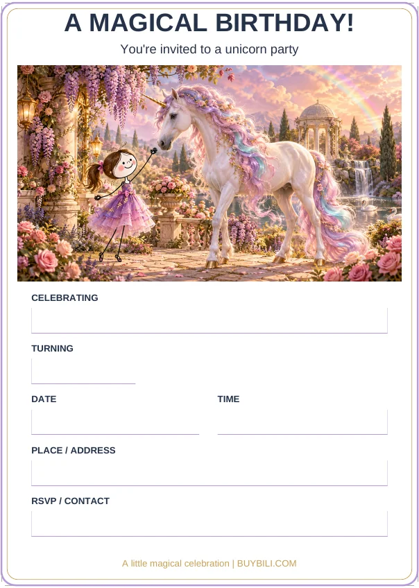 Blank unicorn birthday invitation with a stick-figure child, a rainbow and a unicorn.