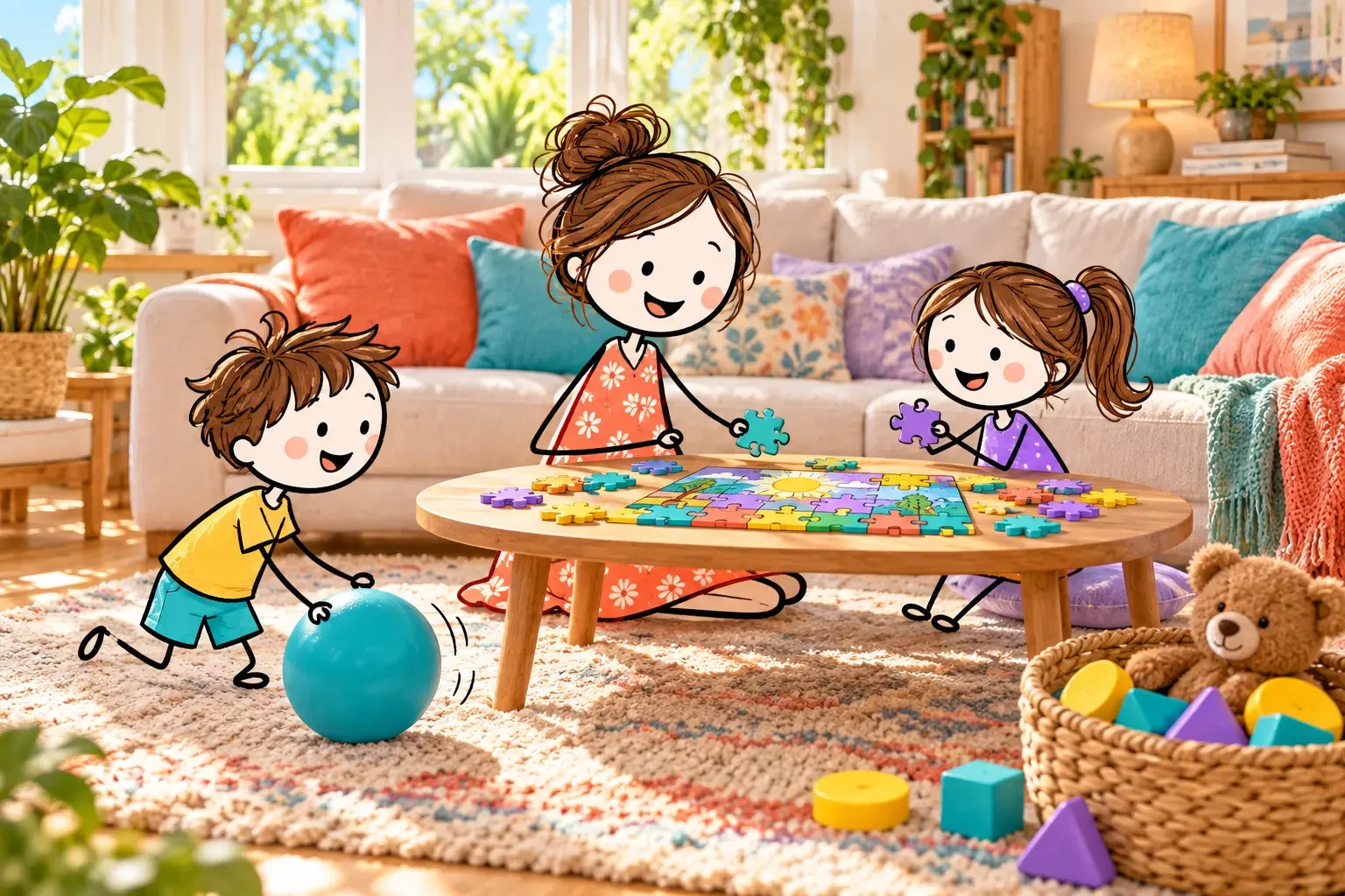 Stick-figure family playing with a colorful puzzle and a soft ball in a sunny living room.