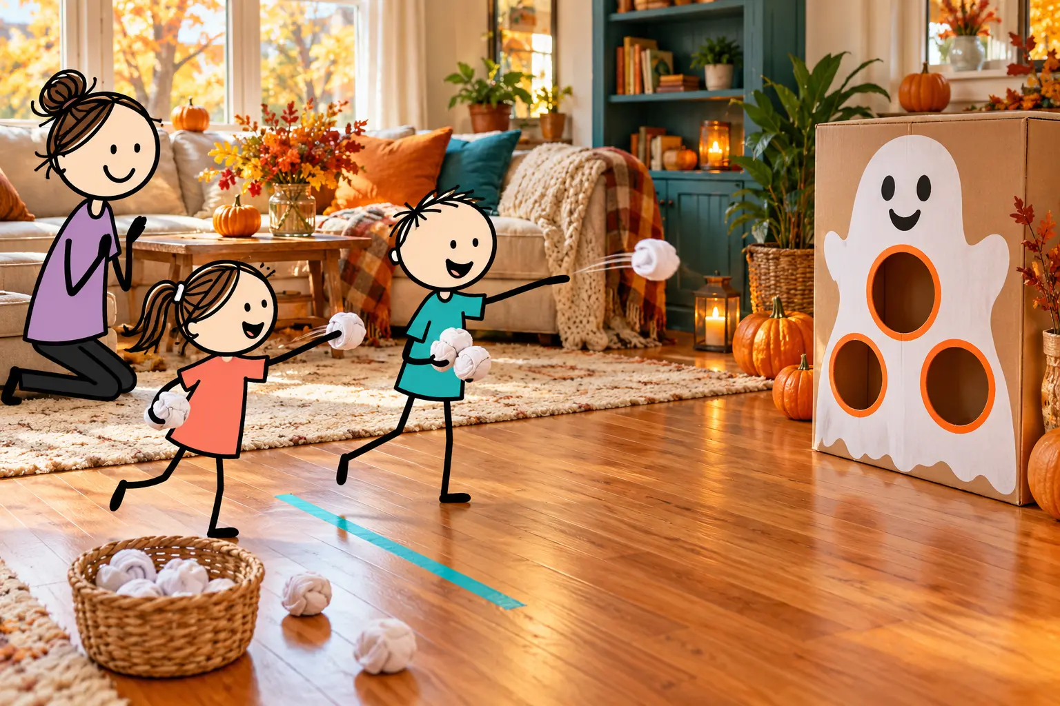 Stick-figure children tossing rolled-up socks toward a friendly ghost target.