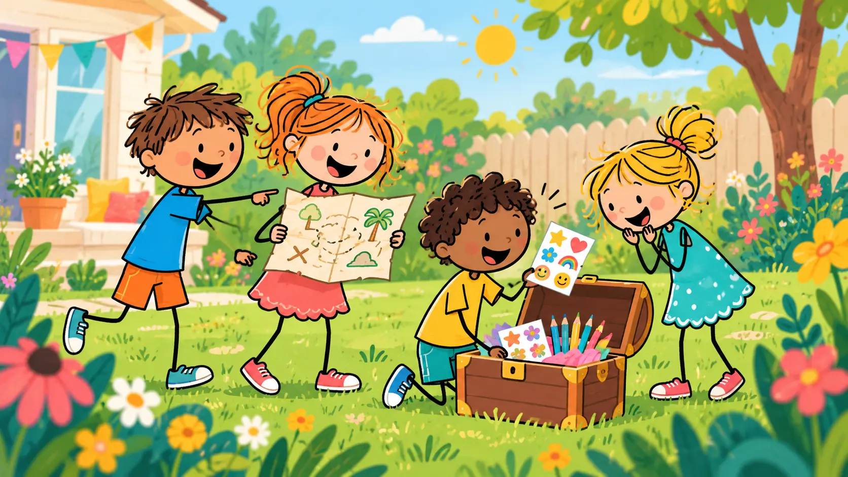 Stick-figure children reading a treasure map and opening a treasure chest full of stickers and pencils in a sunny garden.