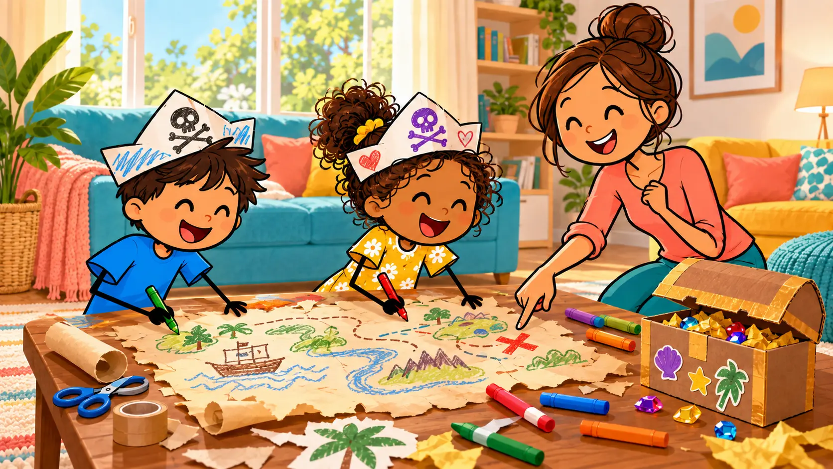 Colorful stick-figure children in paper pirate hats drawing a treasure map while a smiling mother points to a cardboard treasure chest.