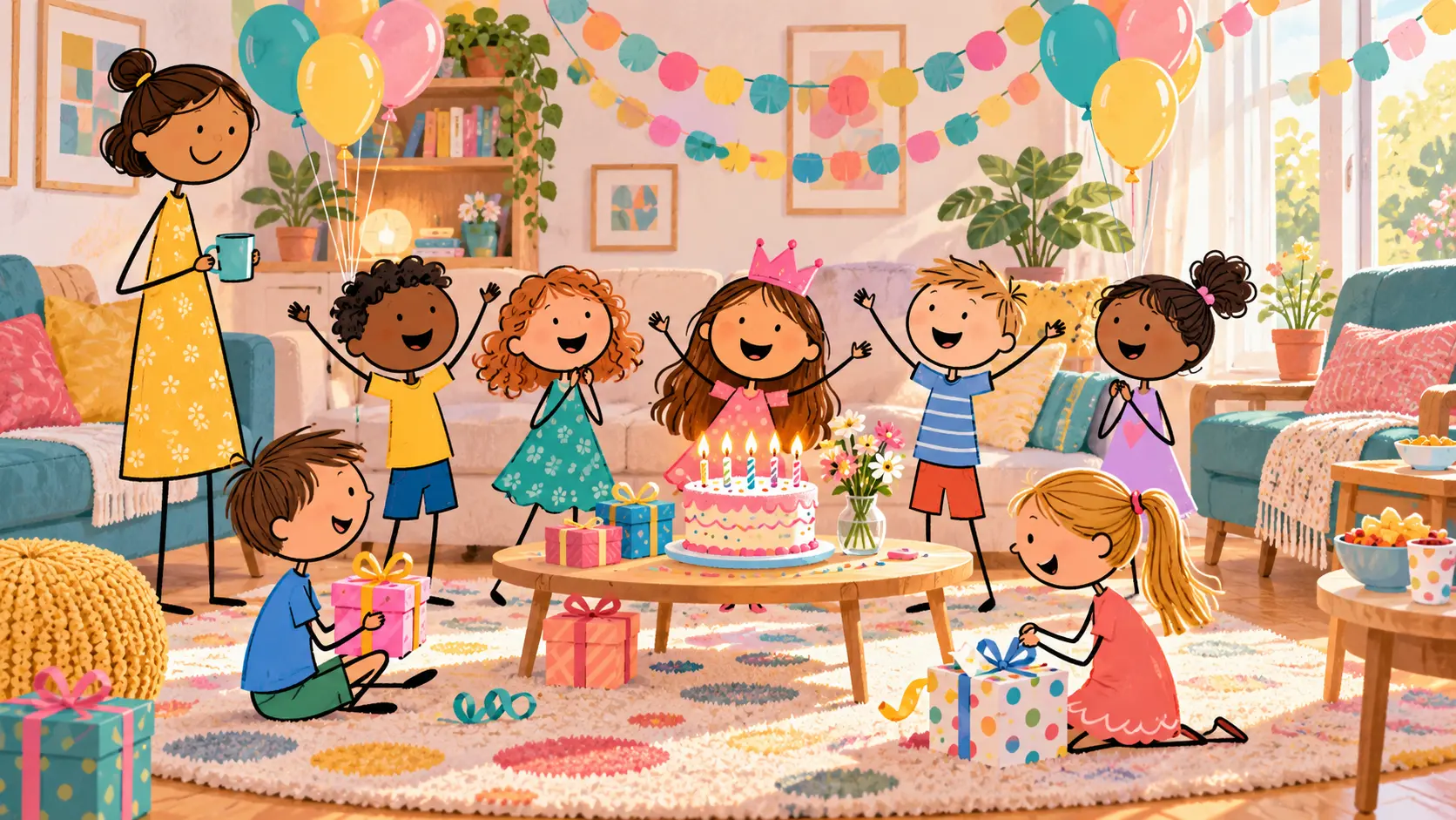 Stick-figure children cheering around a birthday cake with candles, gifts and balloons in a bright living room.