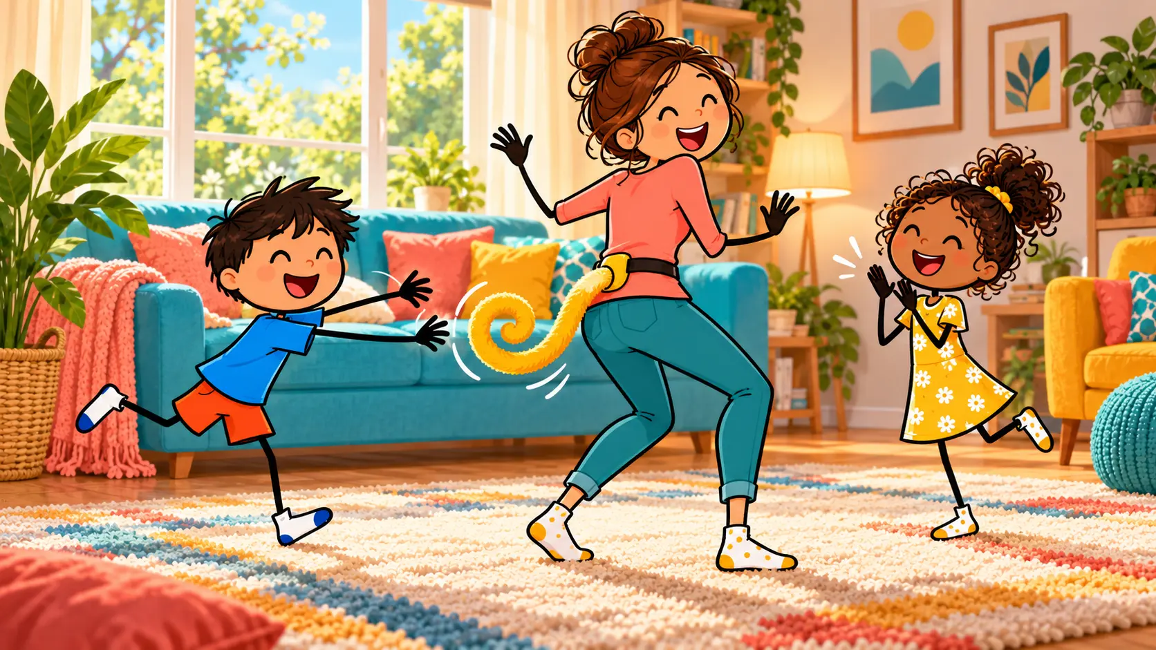Colorful stick-figure mother wearing a fuzzy yellow tail while a boy and a girl laugh and chase it in a bright living room.