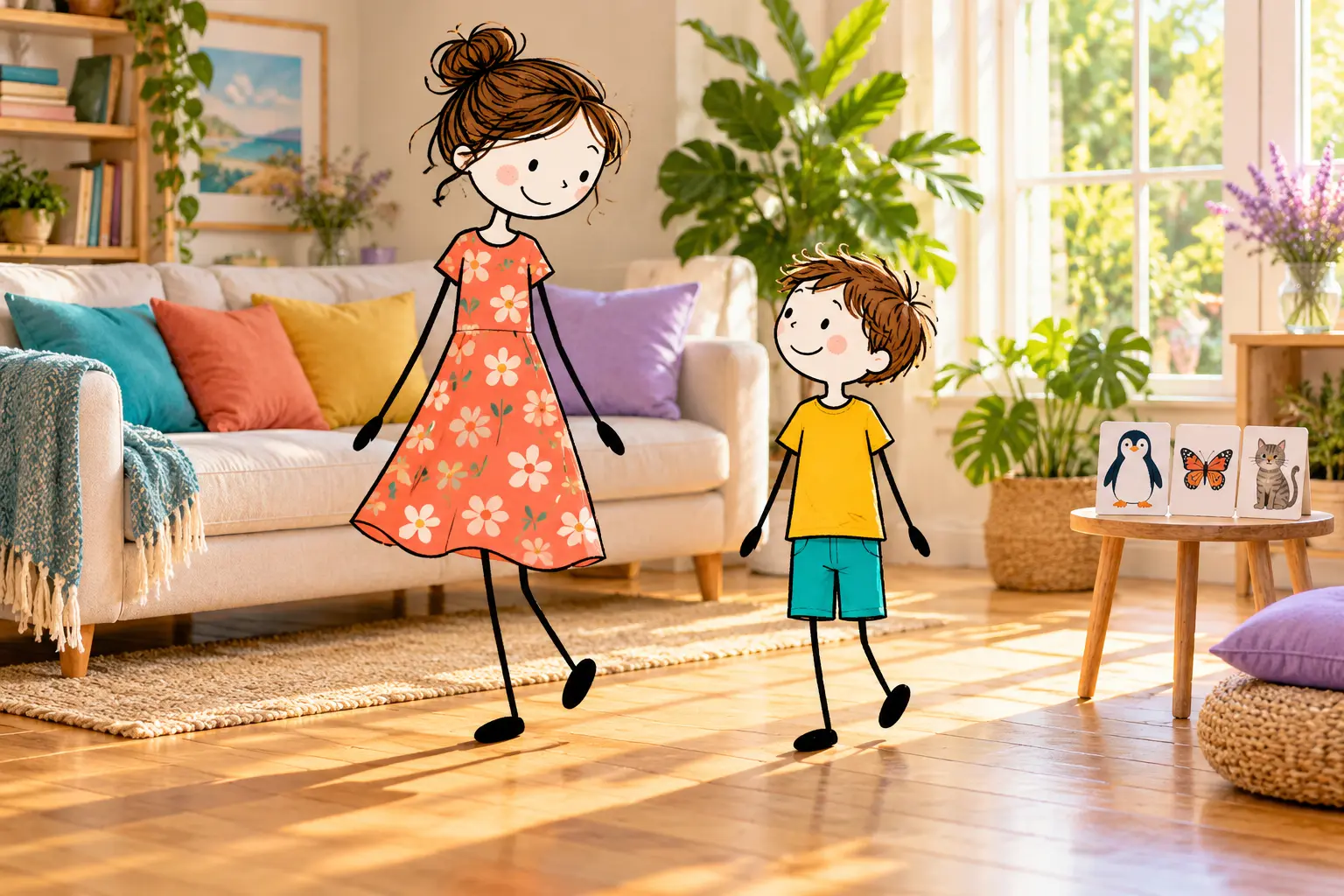 Stick-figure mother and child copying animal movements beside penguin, butterfly and cat picture cards.