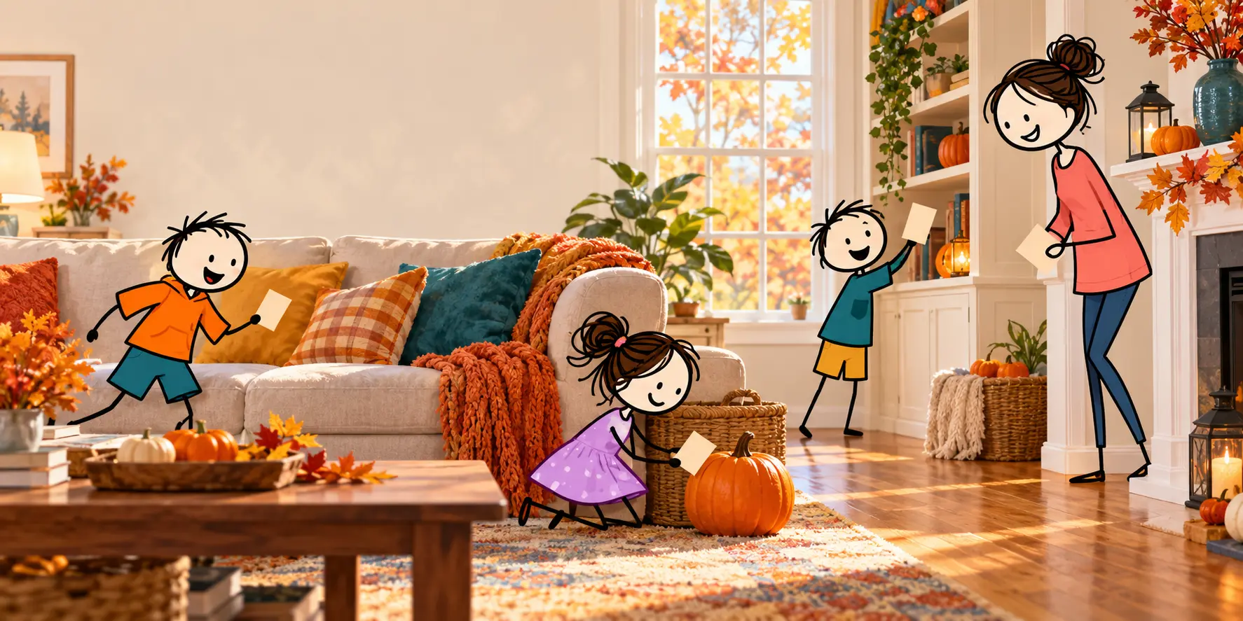 Stick-figure family playing a Halloween scavenger hunt in a bright living room.
