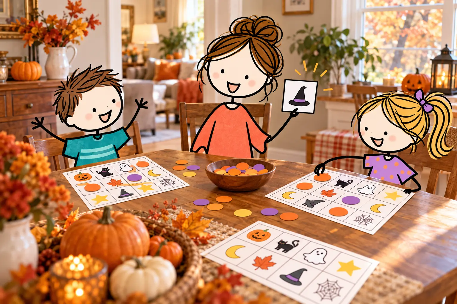 Parent and stick-figure children playing Halloween picture bingo around a table.