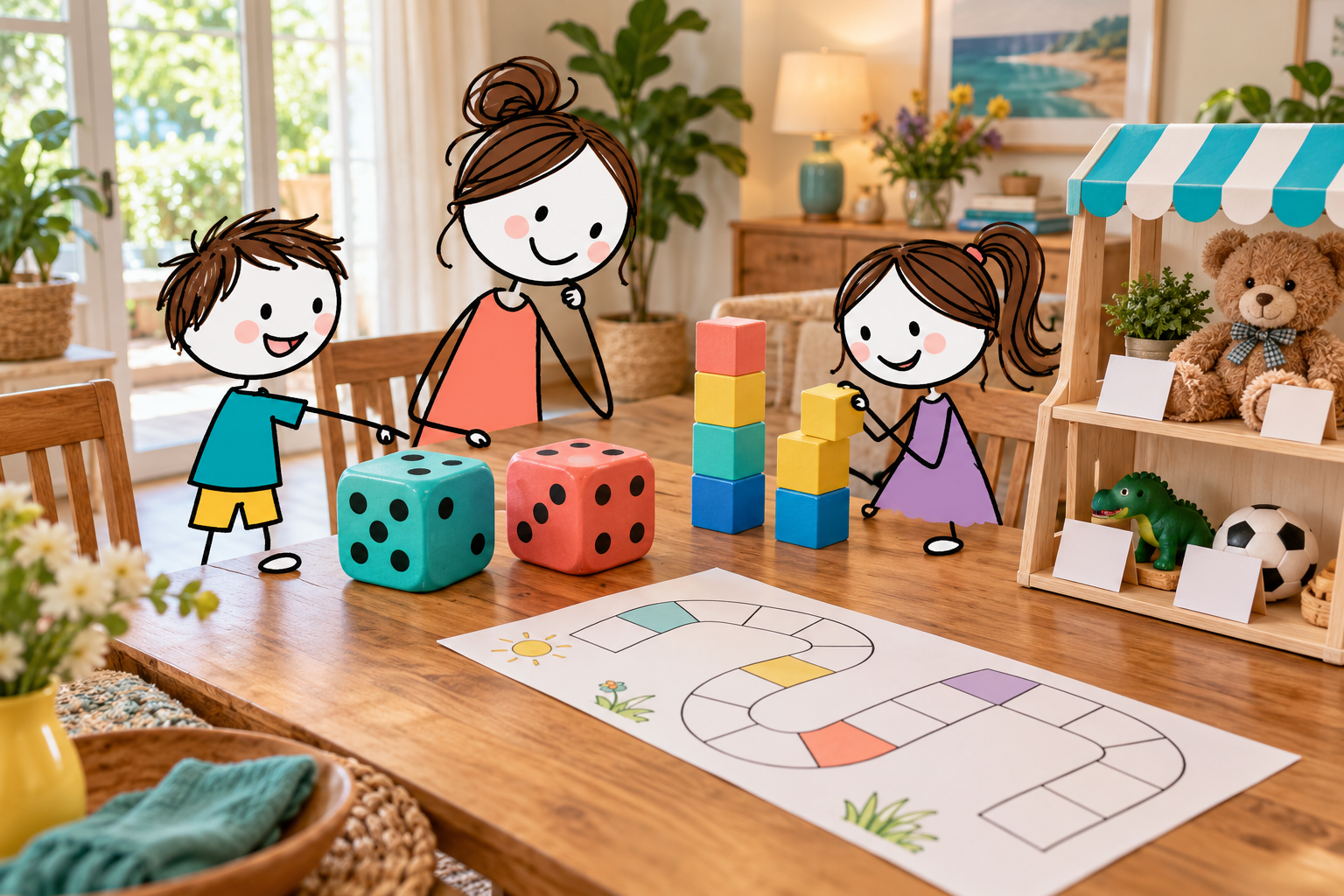 Stick-figure children using oversized dice and blocks for math games with a parent at a wooden table.