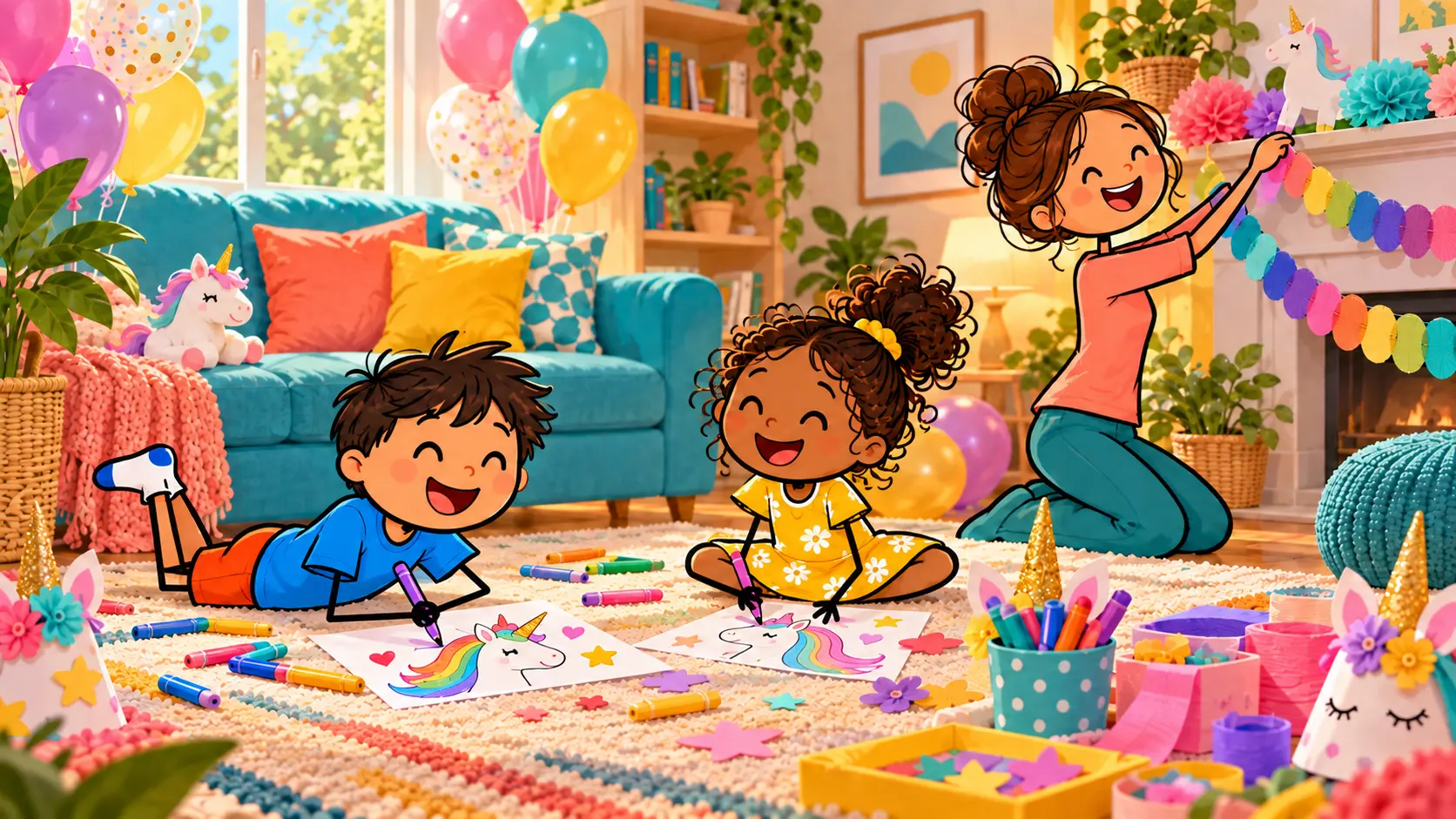 Colorful stick-figure children drawing rainbow unicorns on the rug while a smiling mother hangs a rainbow garland.