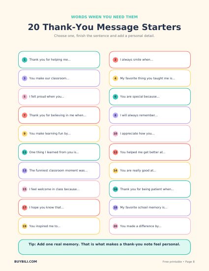 Page 8: Thank-you message starters