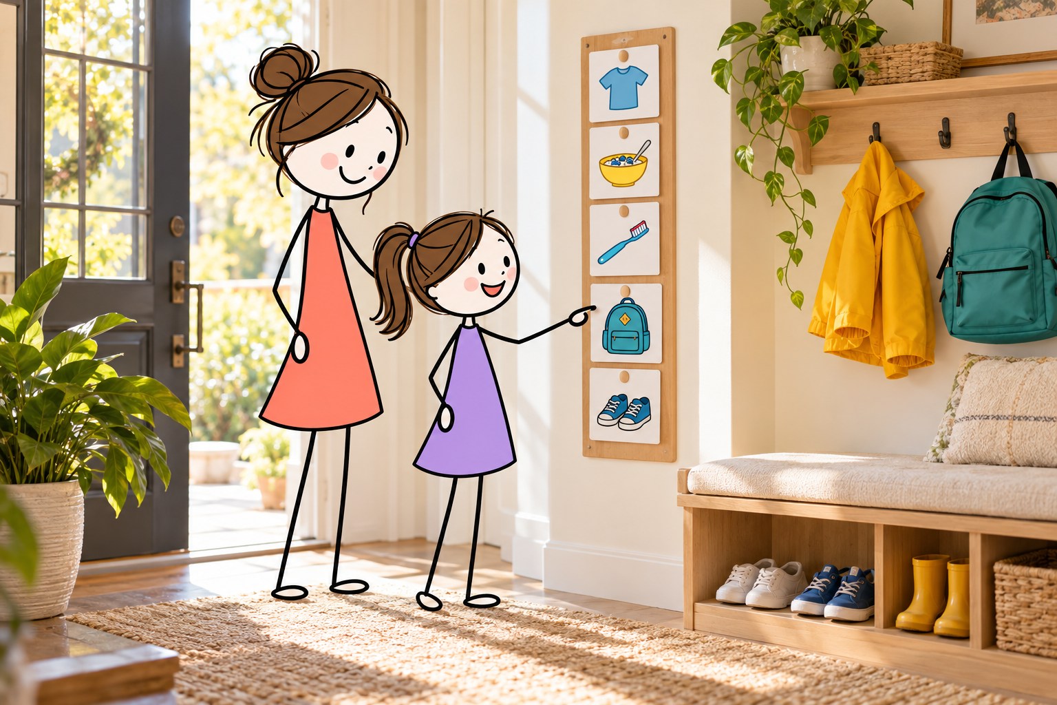 A stick-figure parent and child organizing a picture routine chart beside a backpack in a bright home entryway.