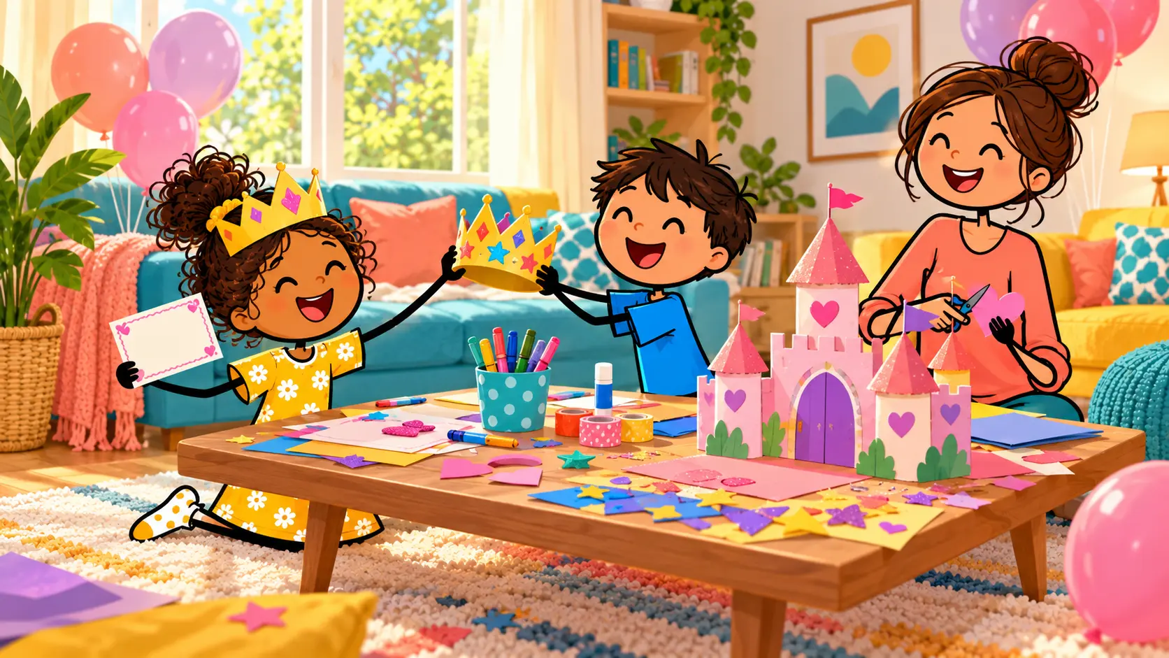 Colorful stick-figure children wearing paper crowns and a smiling mother building a pink cardboard castle at a craft table.