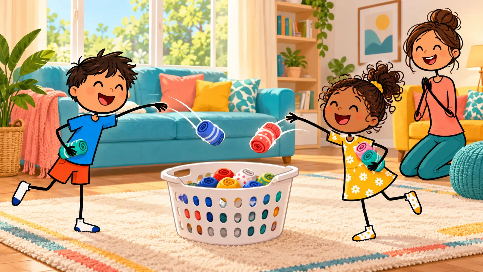 Two stick-figure children tossing rolled socks into a white laundry basket on a living room rug while a parent cheers.