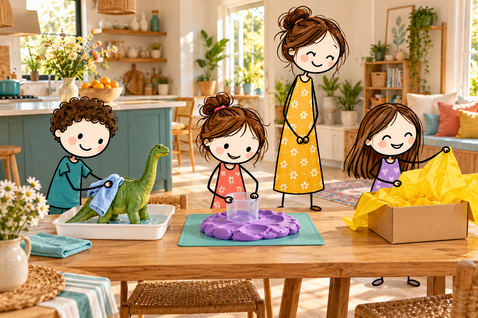Stick-figure children exploring a toy wash, soft play dough and colorful paper at supervised sensory play stations.
