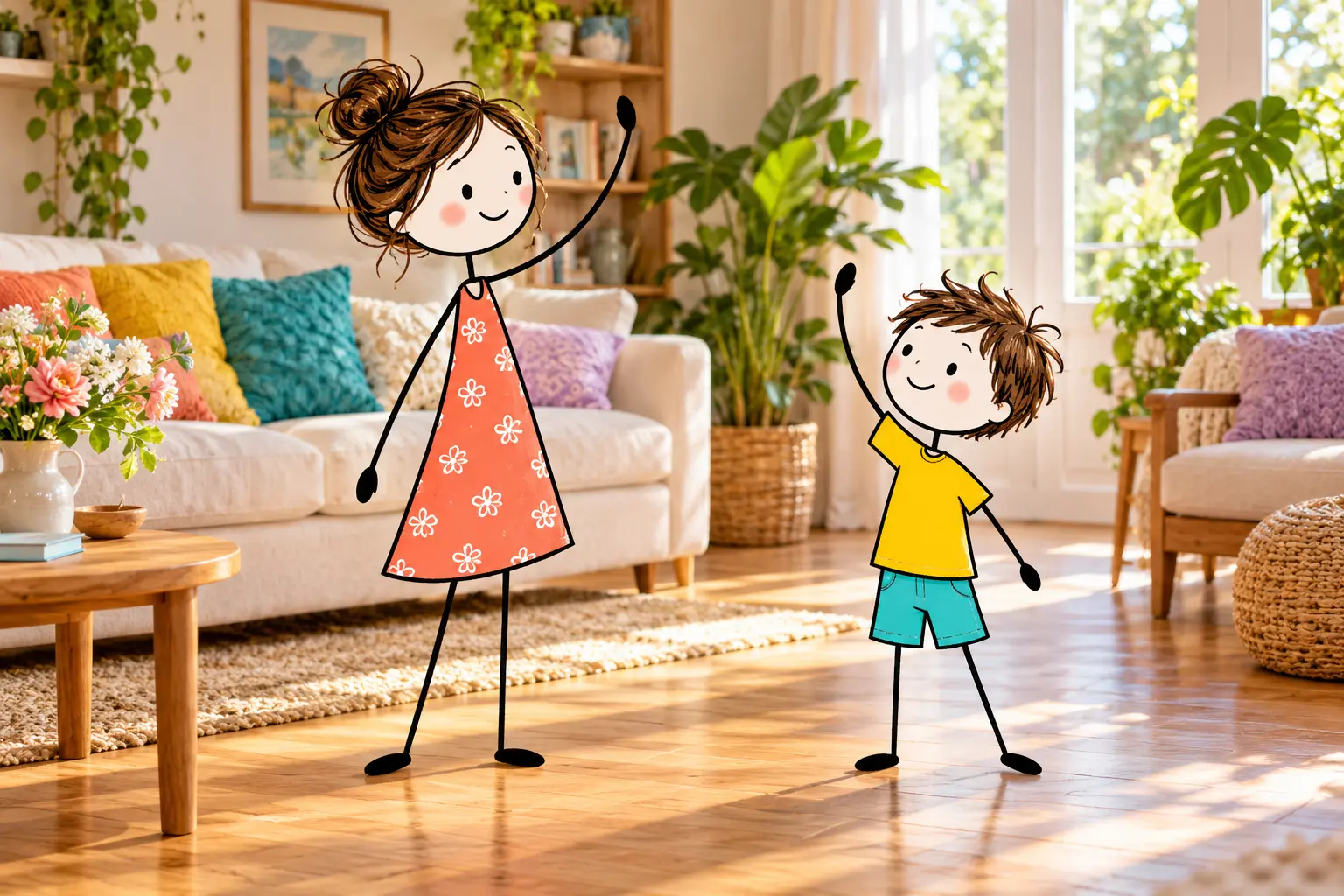 Stick-figure mother and child copying each other’s gentle arm movements in a living room.