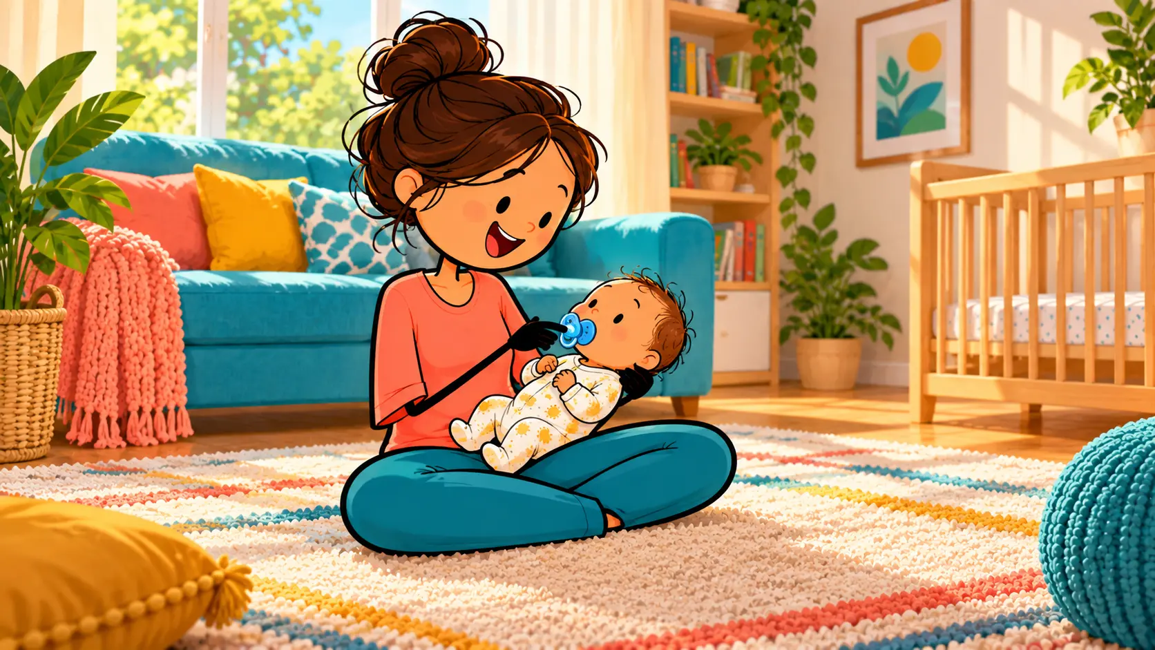 Parent on a sofa cradling a calm baby with a pacifier.