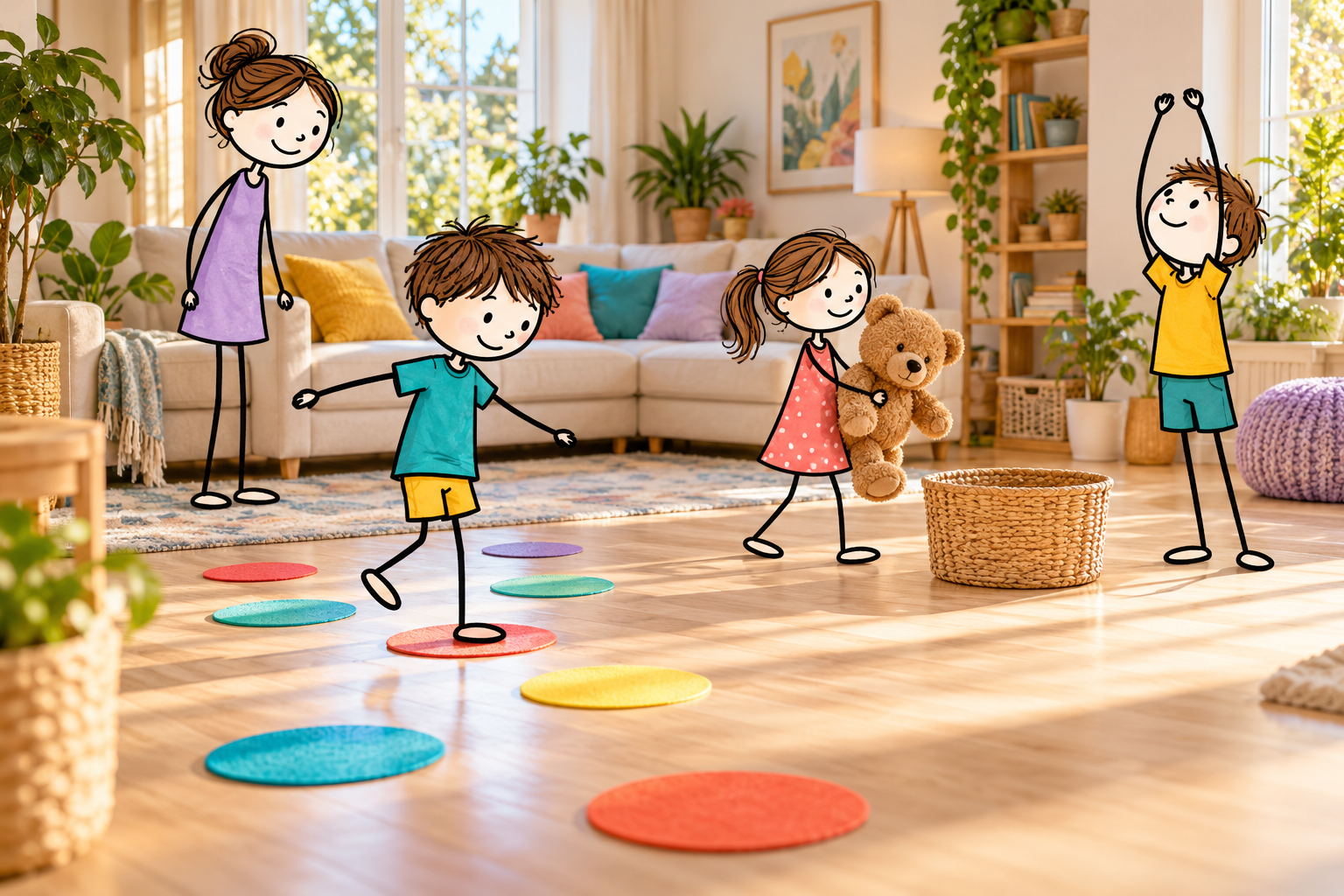 Stick-figure children playing a floor-marker path game and carrying plush toys in a cleared living room.