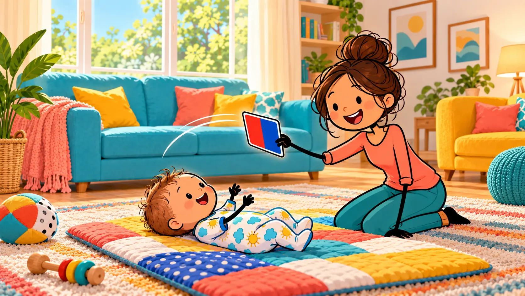Parent kneeling beside a baby on a play mat, slowly moving a picture card.