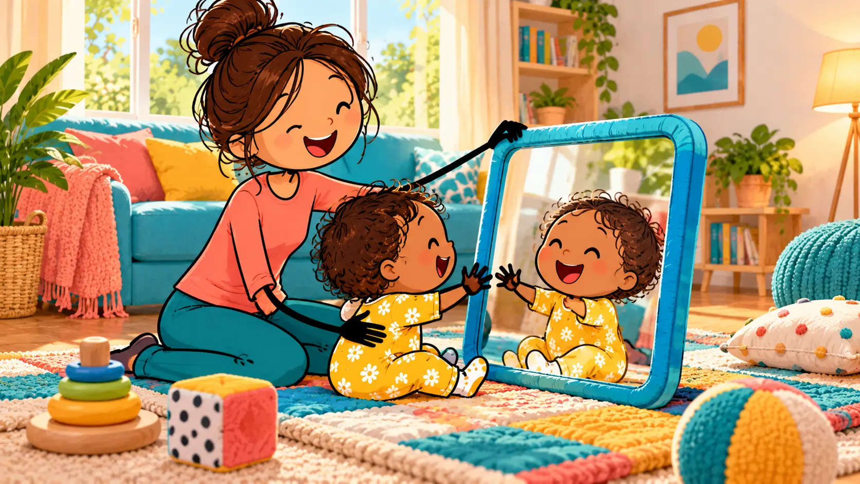 Parent and baby smiling at their reflections in a soft baby mirror.