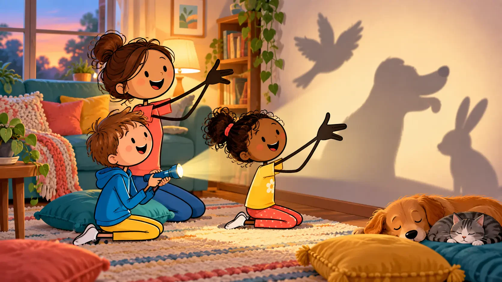 Stick-figure parent and two children making bird, dog and rabbit hand shadows on a living room wall with a flashlight.